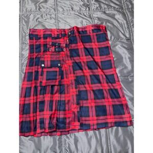 Red Navy Tartan Plaid Utility Kilt Cargo Pockets Pleated Punk Gothic Skirt